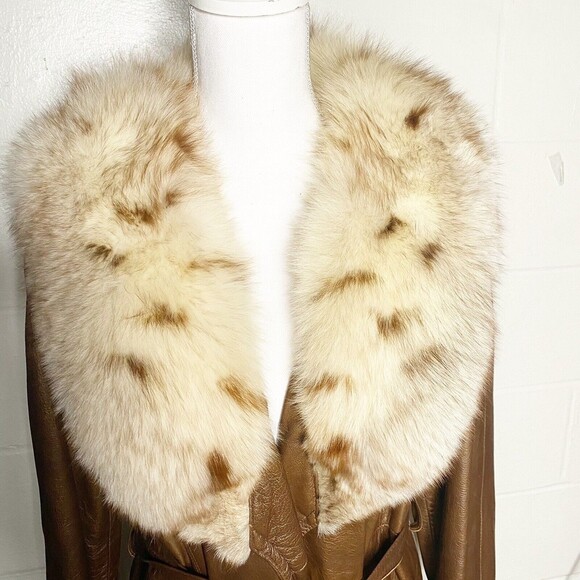 Dan Di Modes Womens Vtg Leather Jacket Fur Collar Long With Belt Sz 16 Trench - Picture 2 of 12